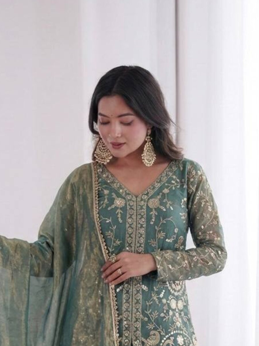 Sea Green Pure Fendy Silk Embroidery Sequins Wedding Party Festival Casual Ready Palazzo Pant Salwar Kameez