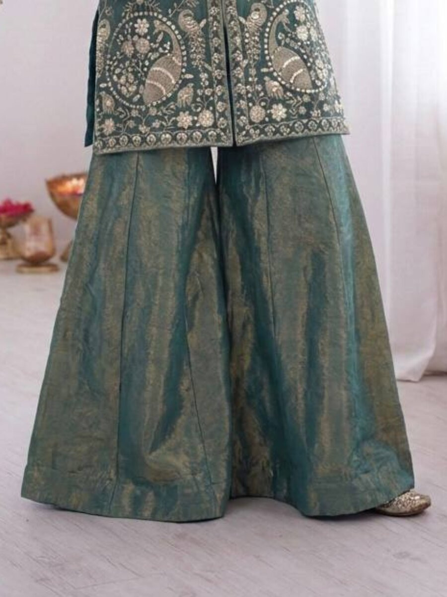 Sea Green Pure Fendy Silk Embroidery Sequins Wedding Party Festival Casual Ready Palazzo Pant Salwar Kameez
