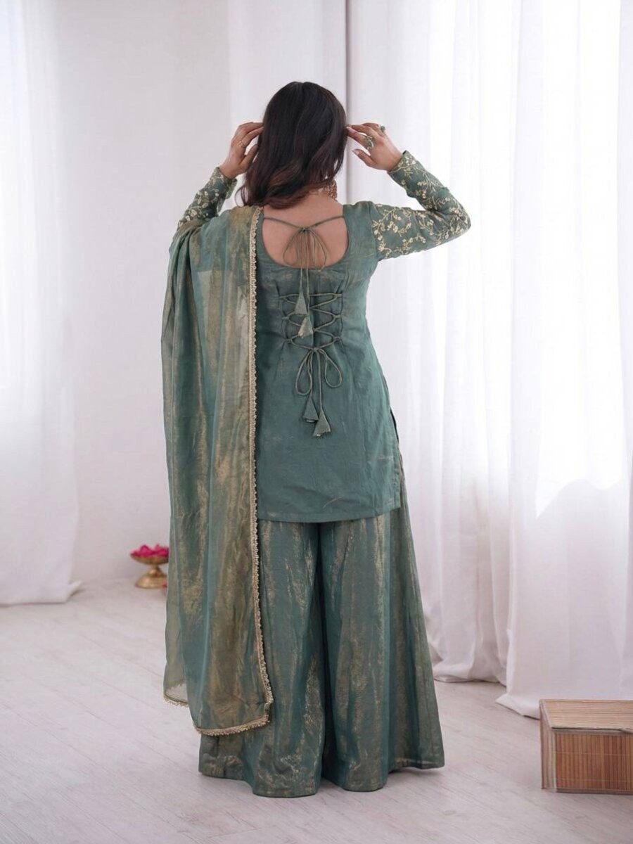 Sea Green Pure Fendy Silk Embroidery Sequins Wedding Party Festival Casual Ready Palazzo Pant Salwar Kameez