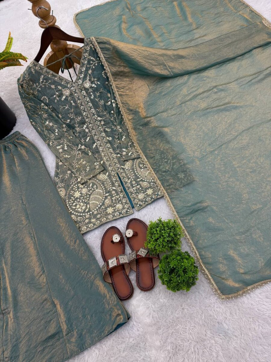 Sea Green Pure Fendy Silk Embroidery Sequins Wedding Party Festival Casual Ready Palazzo Pant Salwar Kameez