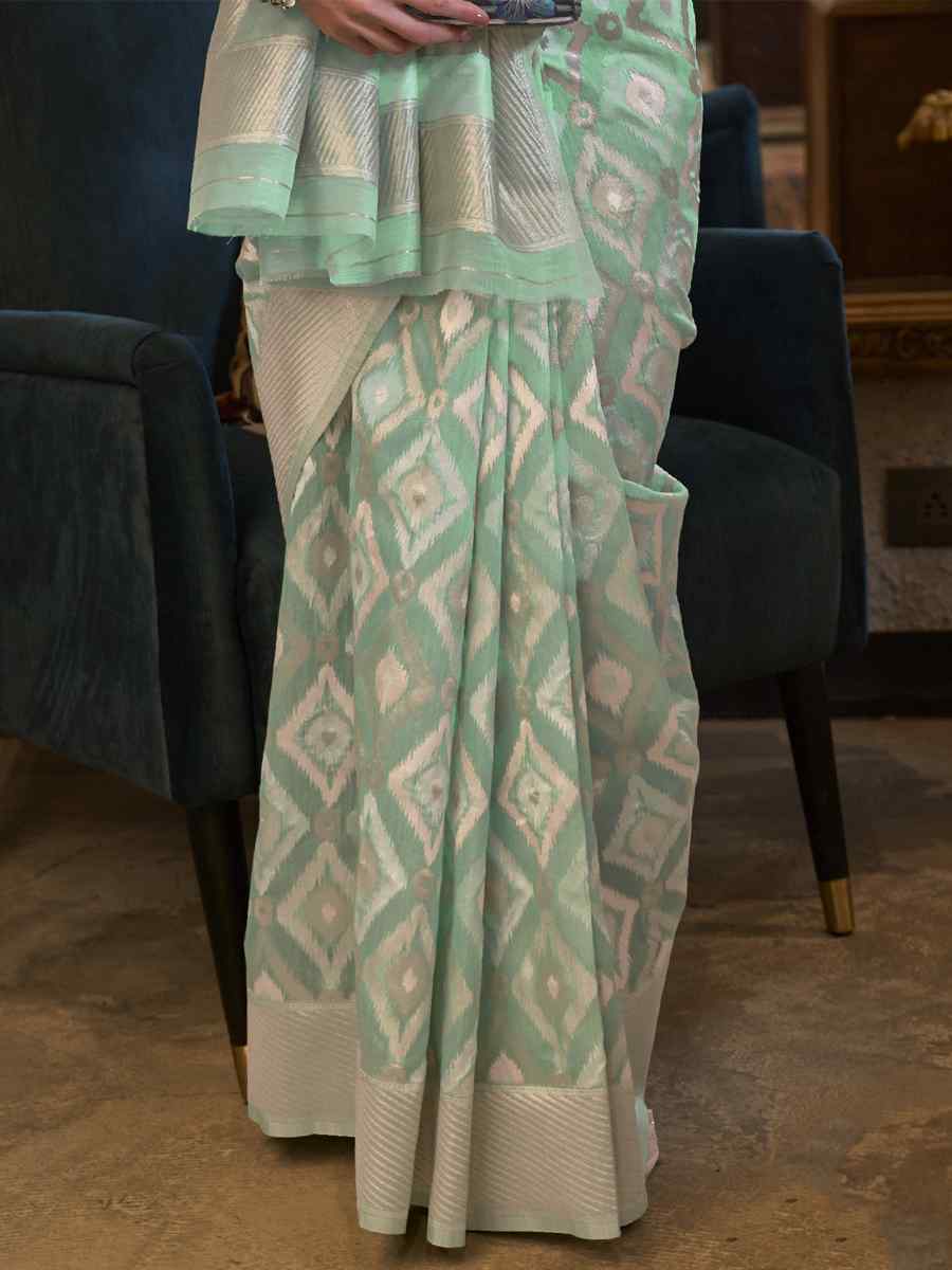 Sea Green Pure Linen Handwoven Wedding Festival Heavy Border Saree