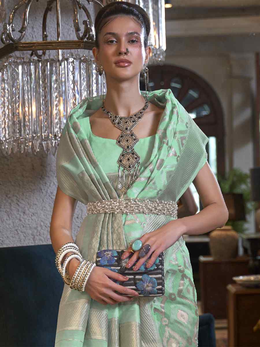 Sea Green Pure Linen Handwoven Wedding Festival Heavy Border Saree