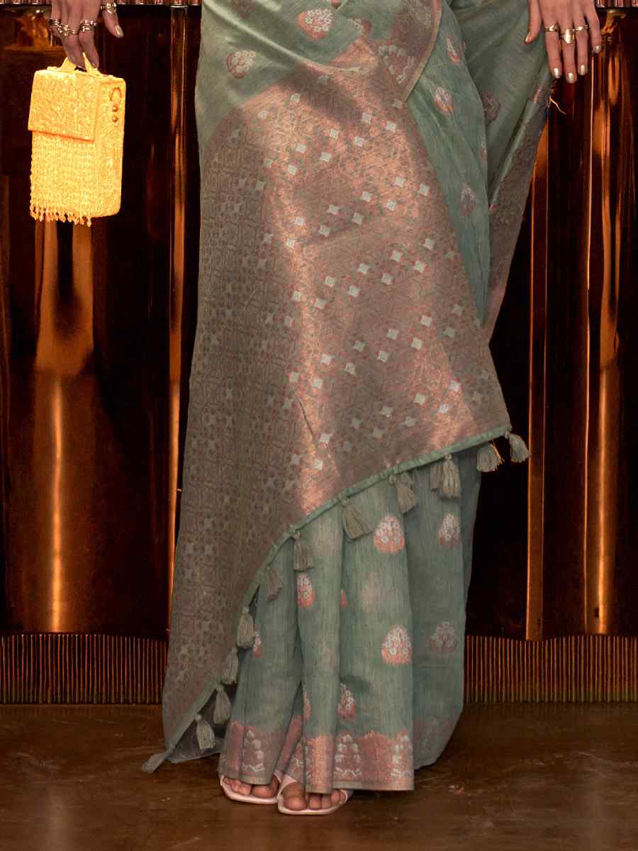 Sea Green Pure Linen Handwoven Wedding Festival Heavy Border Saree