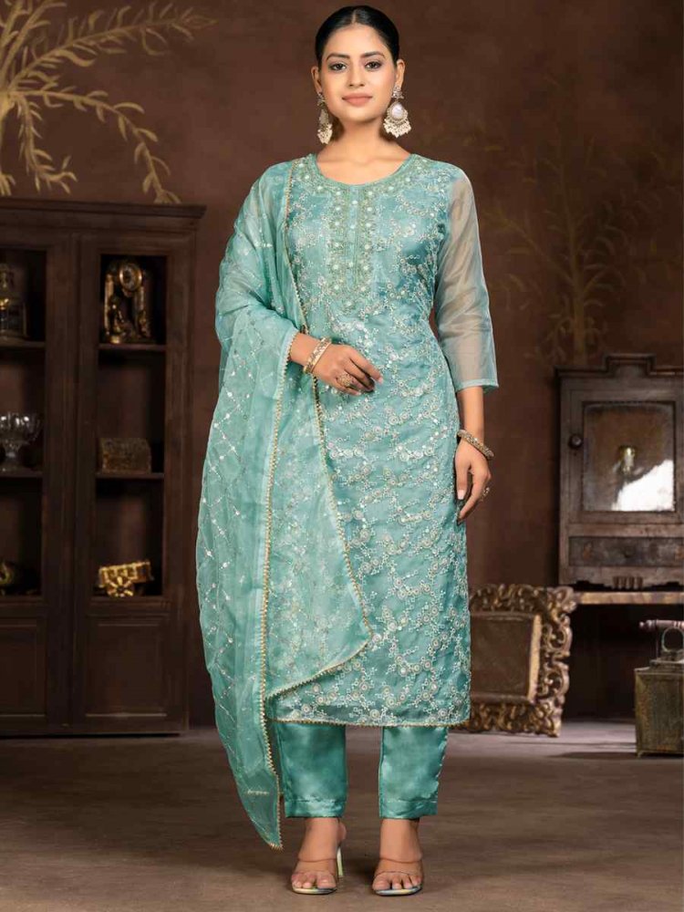 Sea Green Pure Organza Embroidered Casual Festival Pant Salwar Kameez