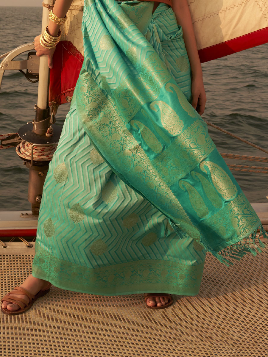 Sea Green Pure Satin Handwoven Festival Party Heavy Border Saree