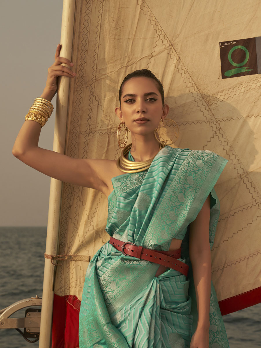 Sea Green Pure Satin Handwoven Festival Party Heavy Border Saree