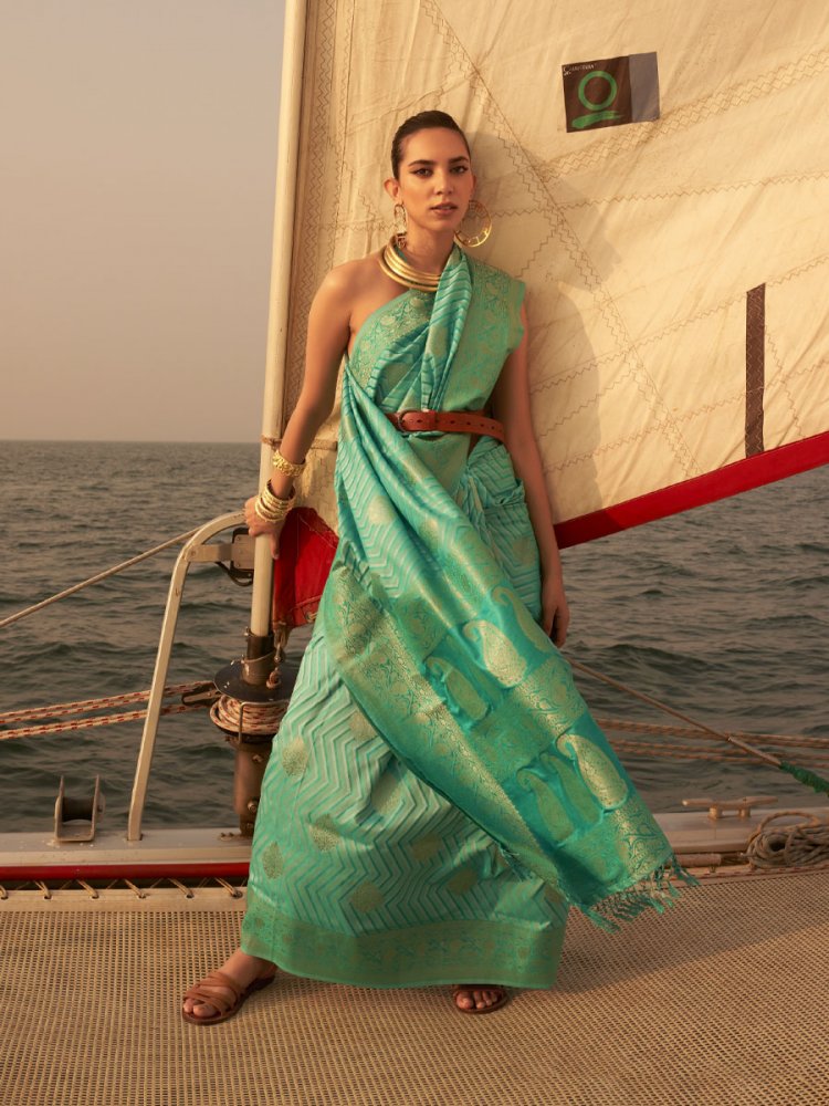 Sea Green Pure Satin Handwoven Festival Party Heavy Border Saree