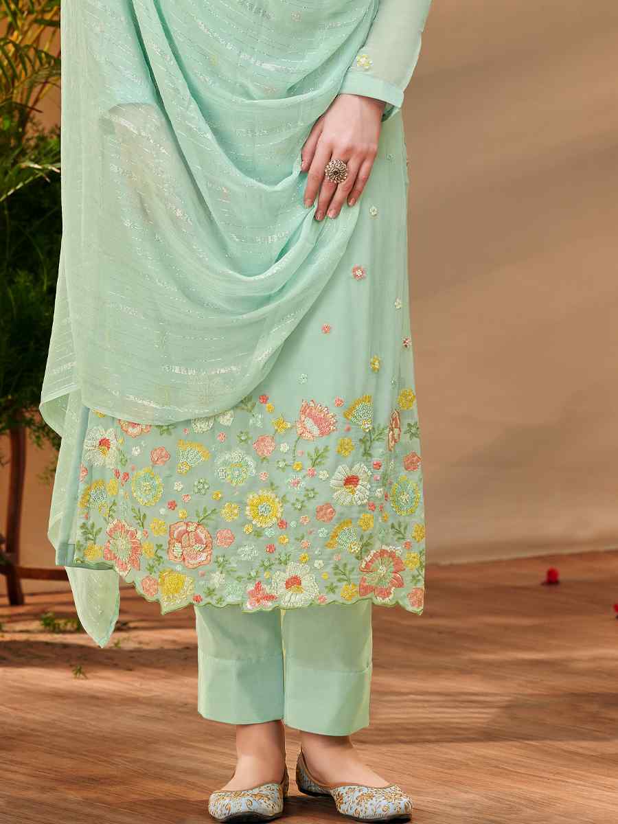 Sea Green Pure Visvos Bemberg Georgette Embroidered Festival Wedding Pant Salwar Kameez