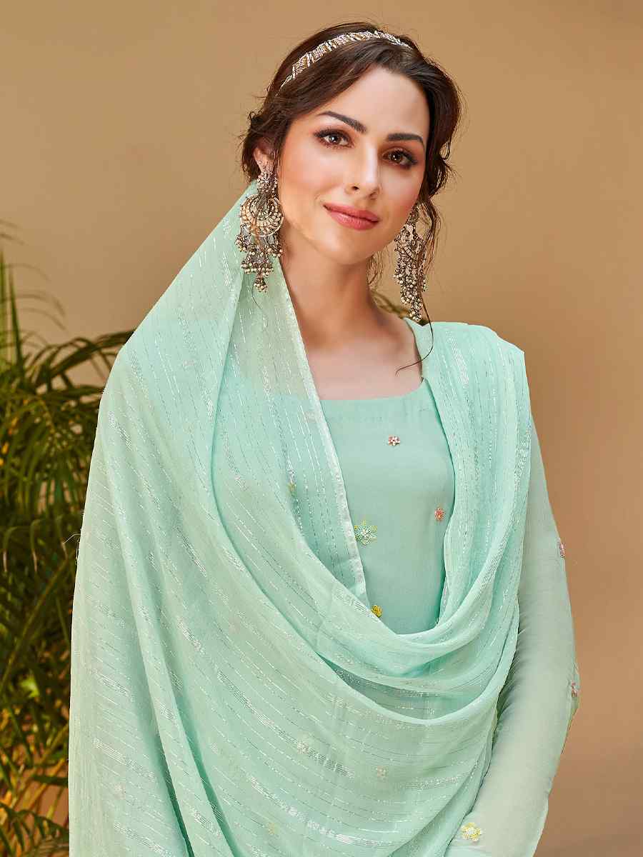 Sea Green Pure Visvos Bemberg Georgette Embroidered Festival Wedding Pant Salwar Kameez