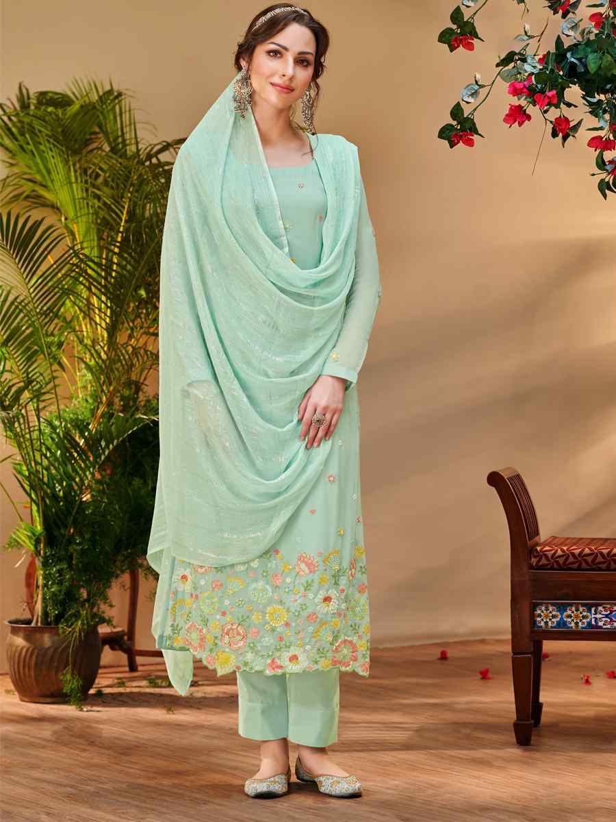 Sea Green Pure Visvos Bemberg Georgette Embroidered Festival Wedding Pant Salwar Kameez