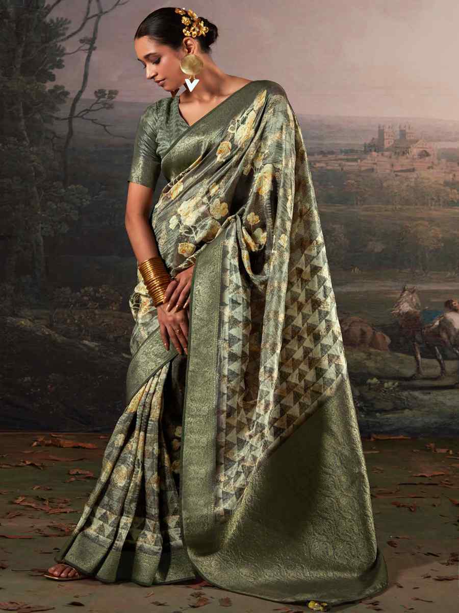 Sea Green Pure Zari Linen Handwoven Casual Festival Classic Style Saree
