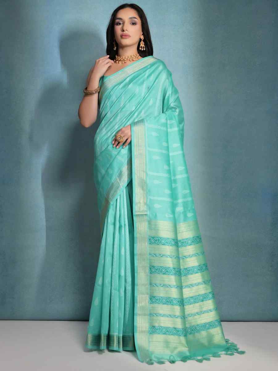 Sea Green Raw Silk Handwoven Casual Festival Classic Style Saree