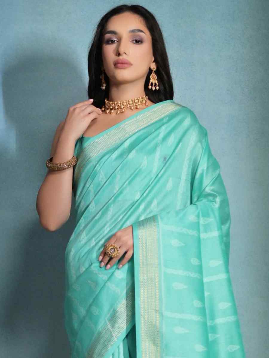 Sea Green Raw Silk Handwoven Casual Festival Classic Style Saree