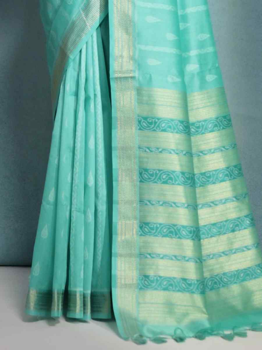 Sea Green Raw Silk Handwoven Casual Festival Classic Style Saree