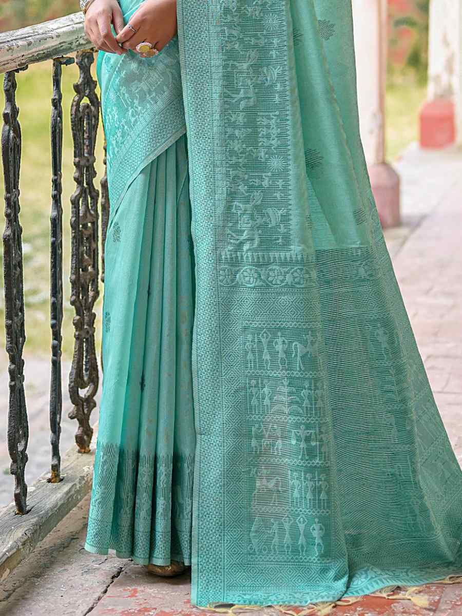 Sea Green Raw Silk Handwoven Casual Festival Heavy Border Saree