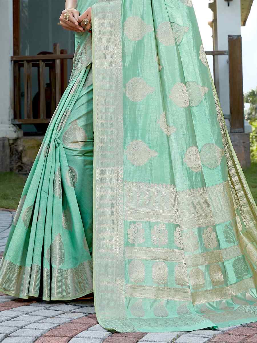 Sea Green Raw Silk Handwoven Party Festival Heavy Border Saree
