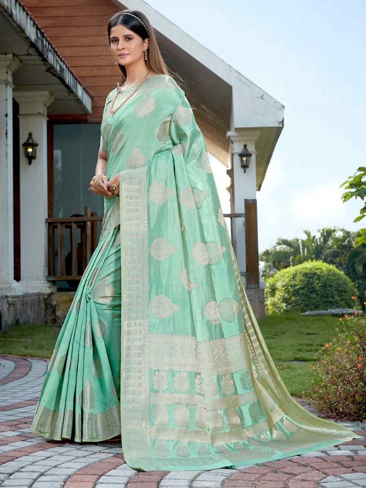 Sea Green Raw Silk Handwoven Party Festival Heavy Border Saree