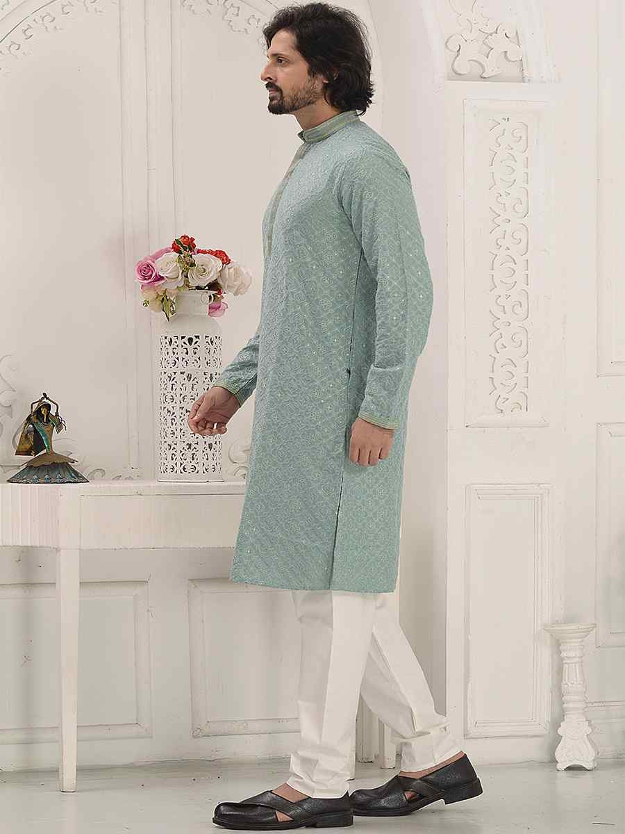 Sea green Rayon Embroidered Party Wedding Kurta