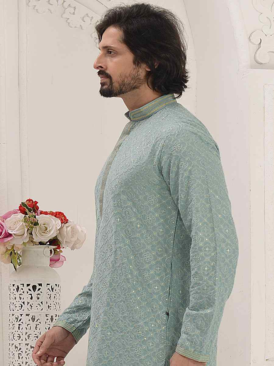 Sea green Rayon Embroidered Party Wedding Kurta