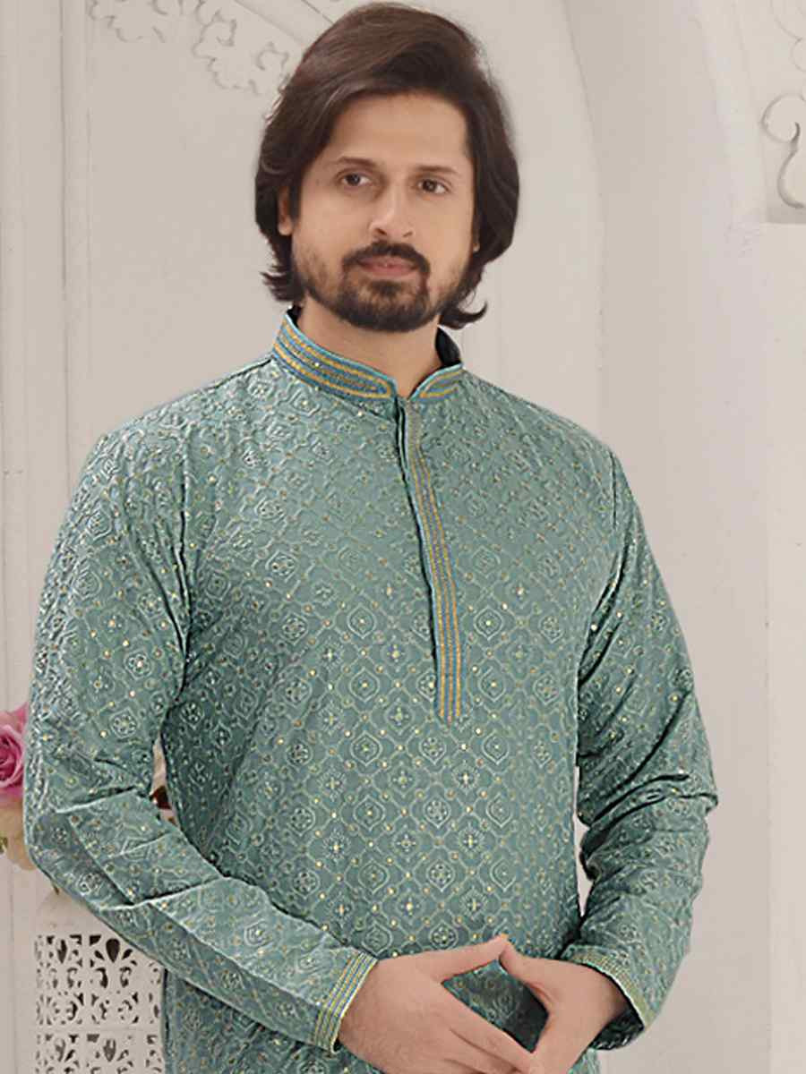 Sea green Rayon Embroidered Party Wedding Kurta