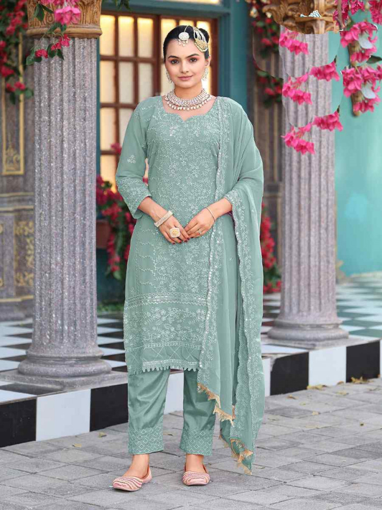 Image of Sea Green Real Premium Georgette Embroidery Party Wedding Festival Casual Ready Pant Salwar Kameez