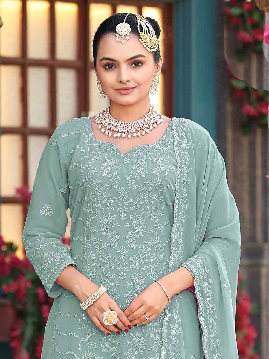 Sea Green Real Premium Georgette Embroidery Party Wedding Festival Casual Ready Pant Salwar Kameez