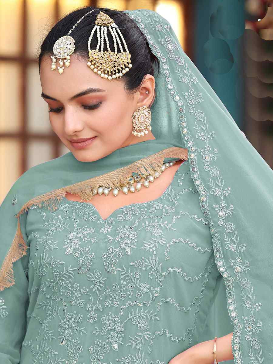 Sea Green Real Premium Georgette Embroidery Party Wedding Festival Casual Ready Pant Salwar Kameez