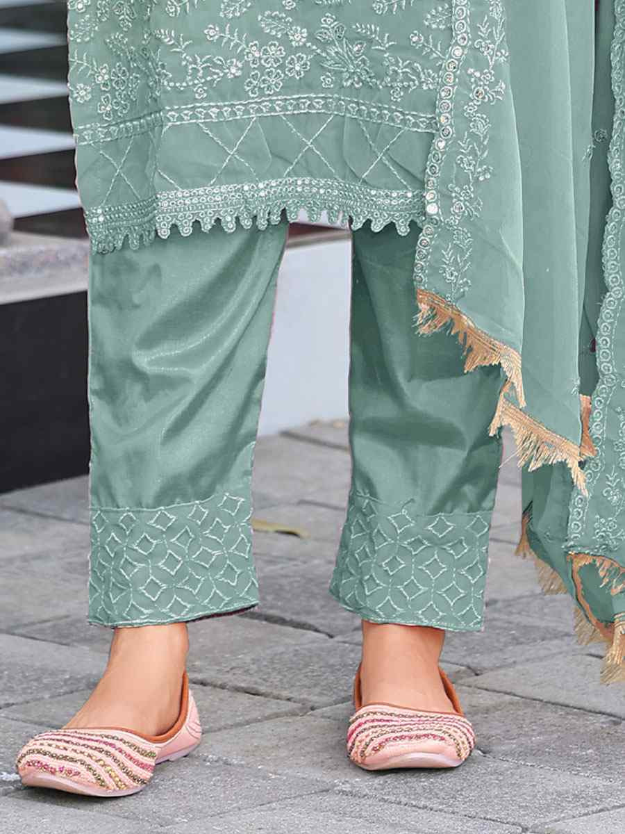 Sea Green Real Premium Georgette Embroidery Party Wedding Festival Casual Ready Pant Salwar Kameez