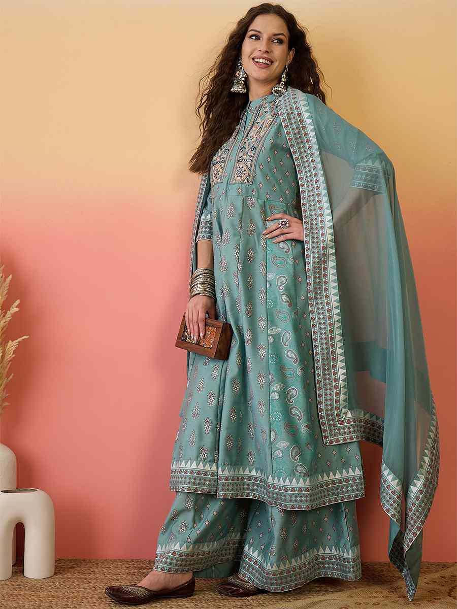 Sea Green Roman Silk Embroidered Party Wedding Ready A-Line Salwar Kameez