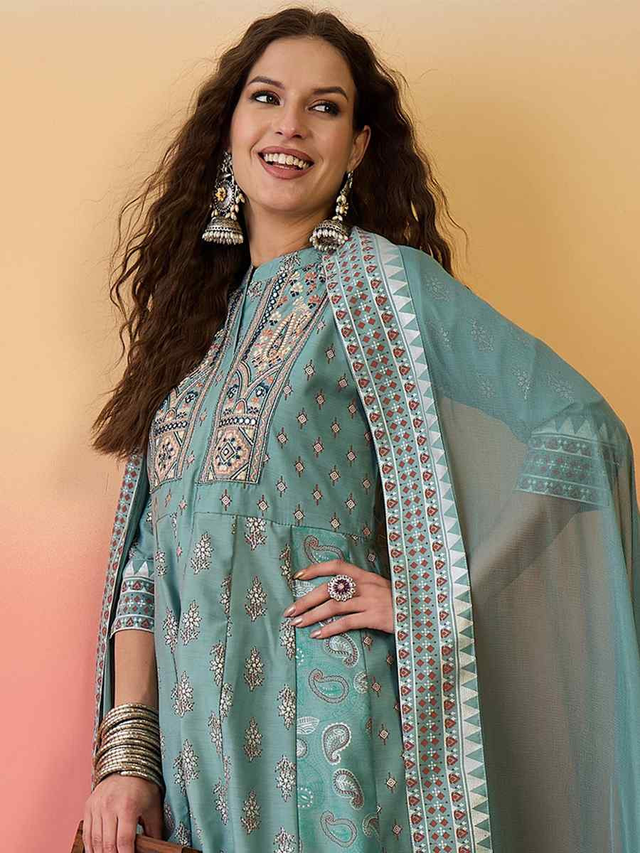 Sea Green Roman Silk Embroidered Party Wedding Ready A-Line Salwar Kameez