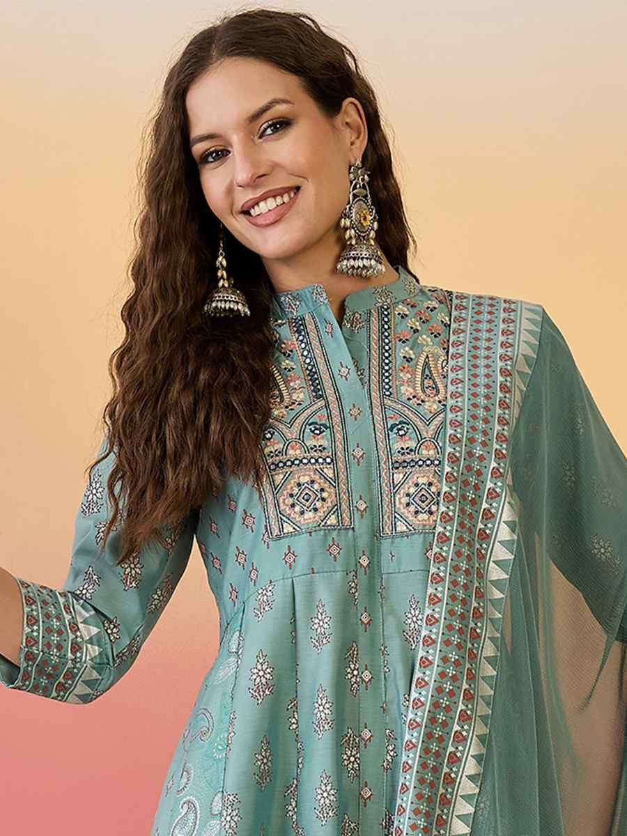 Sea Green Roman Silk Embroidered Party Wedding Ready A-Line Salwar Kameez
