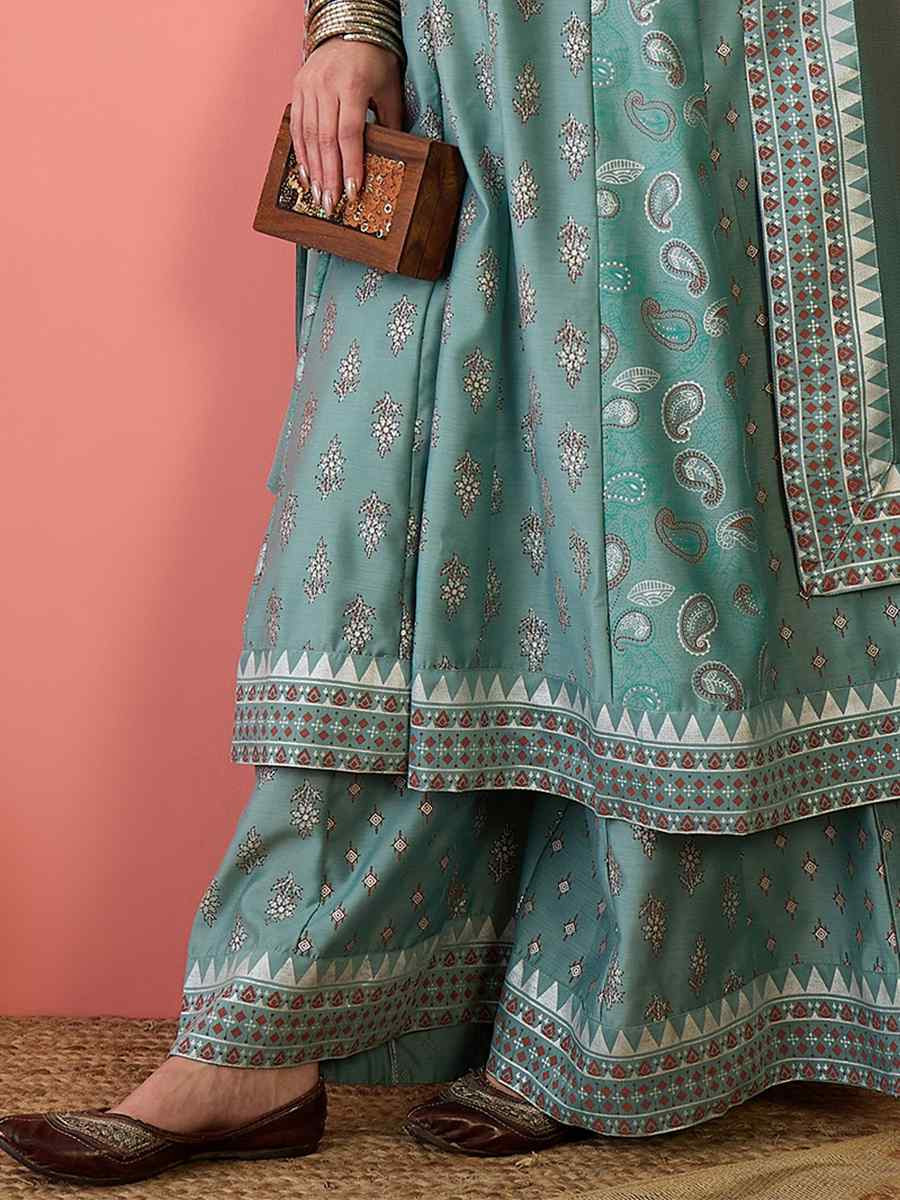 Sea Green Roman Silk Embroidered Party Wedding Ready A-Line Salwar Kameez