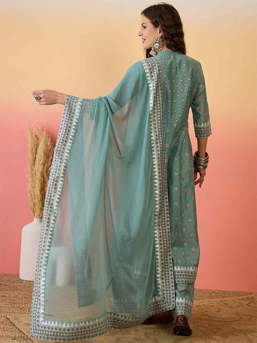 Sea Green Roman Silk Embroidered Party Wedding Ready A-Line Salwar Kameez