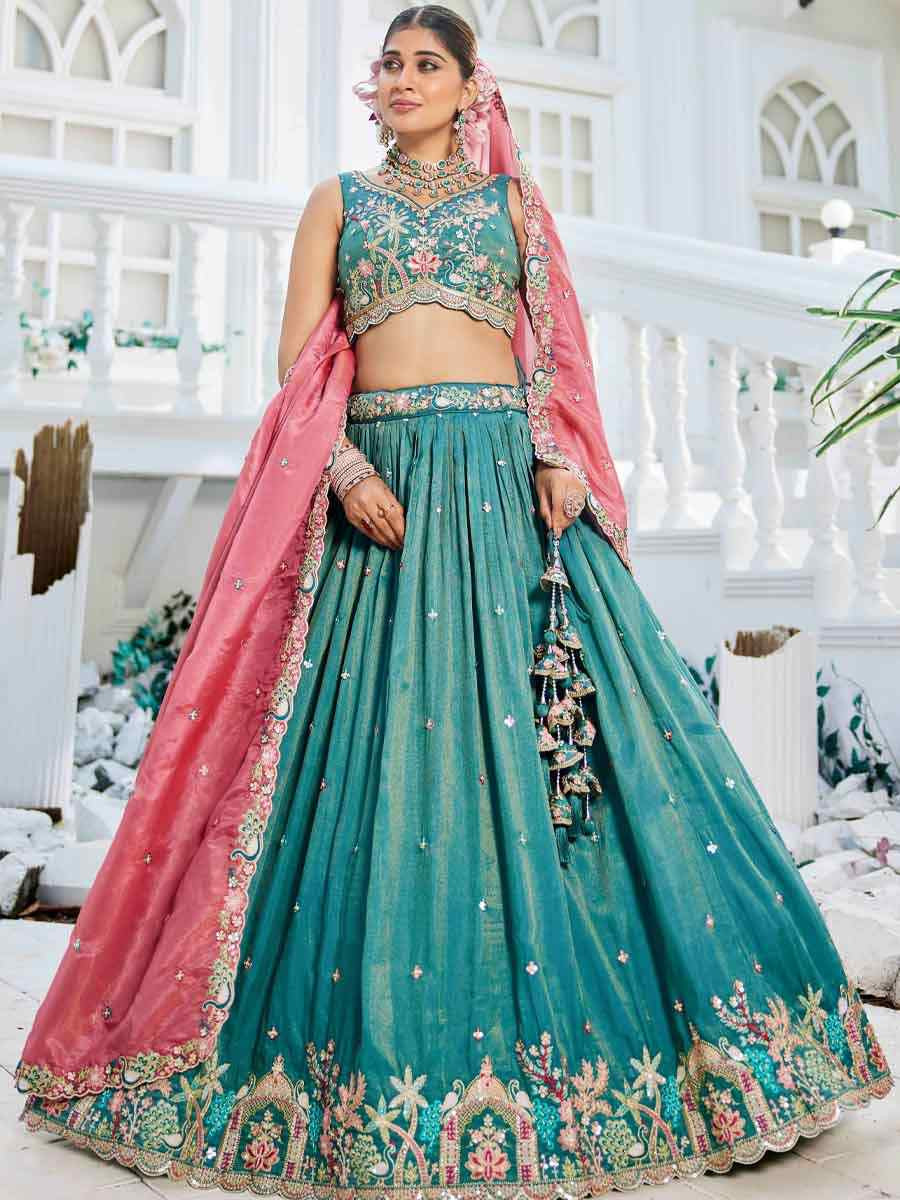 Sea Green Satin Embroidered Reception Wedding Heavy Border Lehenga Choli