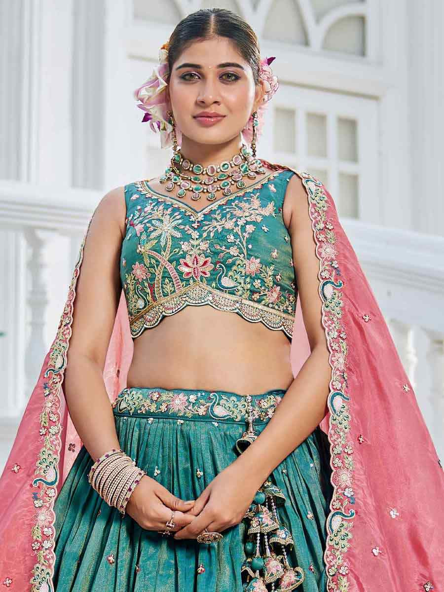 Sea Green Satin Embroidered Reception Wedding Heavy Border Lehenga Choli