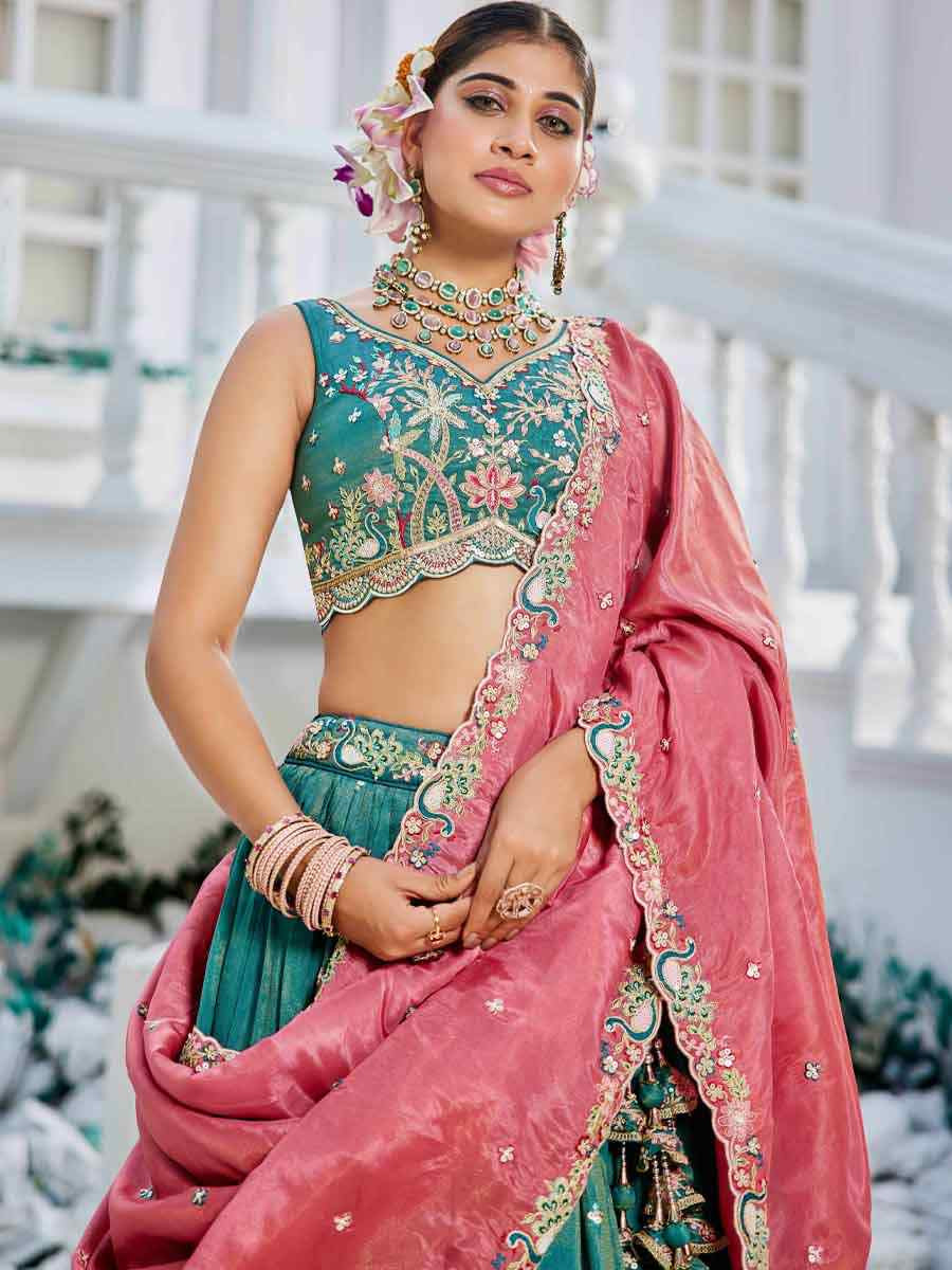 Sea Green Satin Embroidered Reception Wedding Heavy Border Lehenga Choli