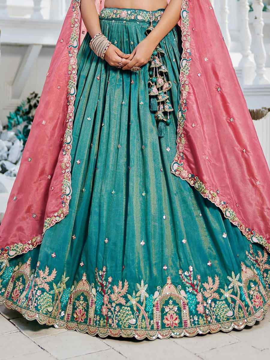 Sea Green Satin Embroidered Reception Wedding Heavy Border Lehenga Choli