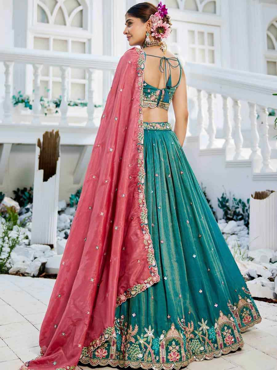 Sea Green Satin Embroidered Reception Wedding Heavy Border Lehenga Choli