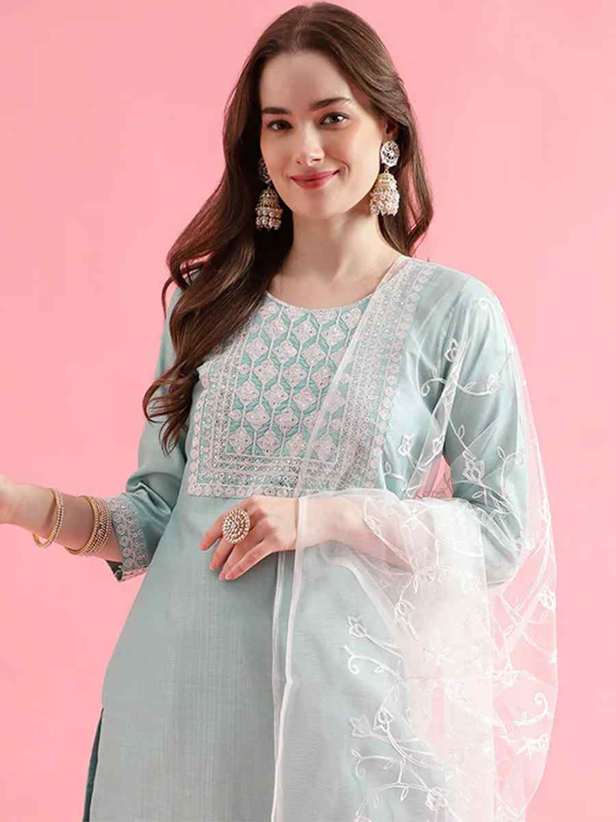 Sea Green Silk Blend Embroidered Festival Casual Ready Pant Salwar Kameez