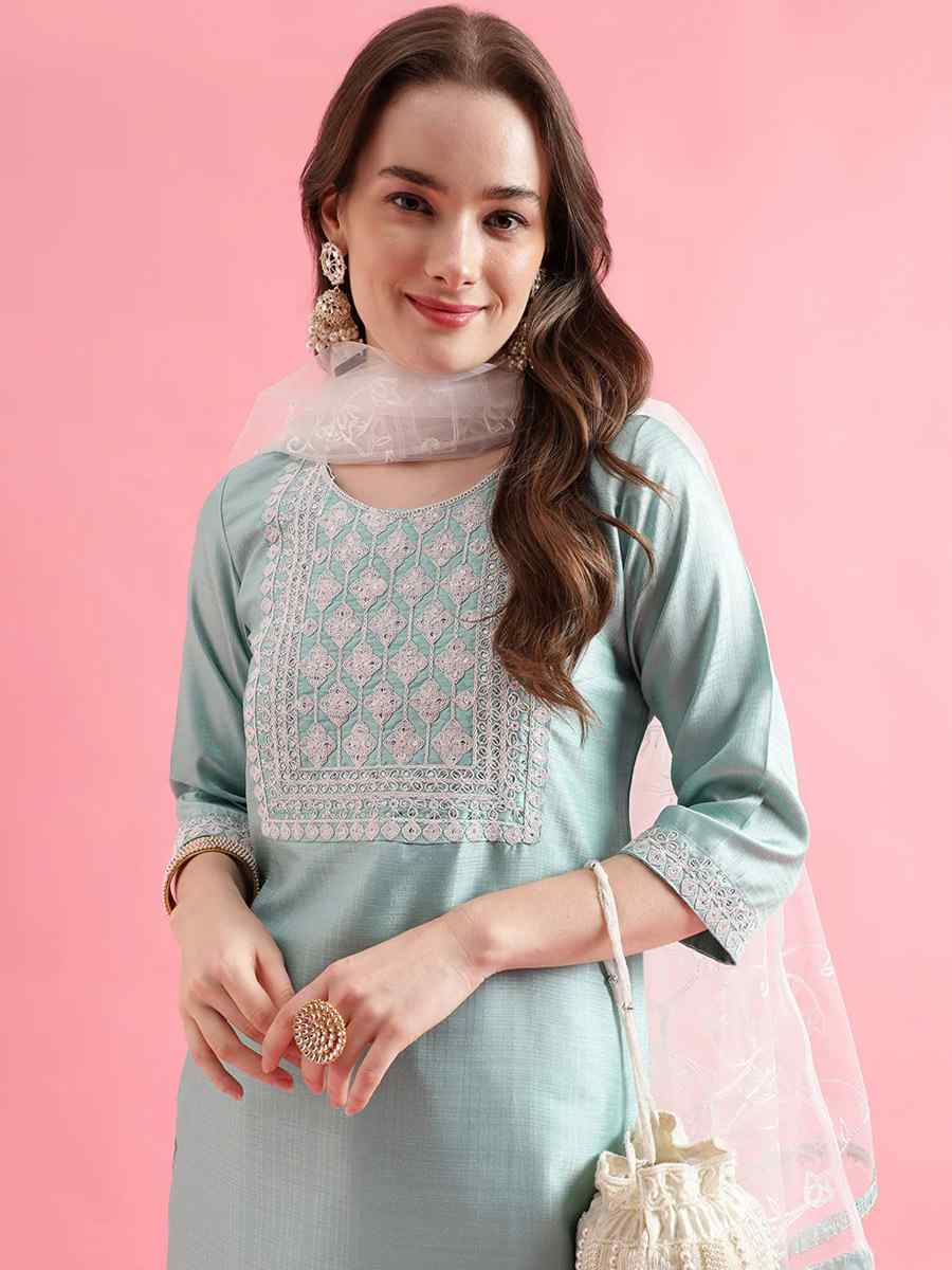 Sea Green Silk Blend Embroidered Festival Casual Ready Pant Salwar Kameez