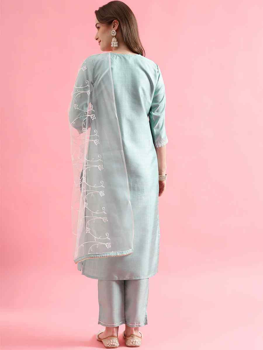 Sea Green Silk Blend Embroidered Festival Casual Ready Pant Salwar Kameez