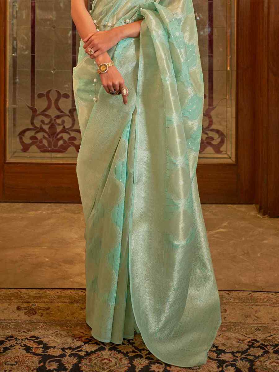 Sea Green Silk Brocade Wedding Party Contemporary Saree