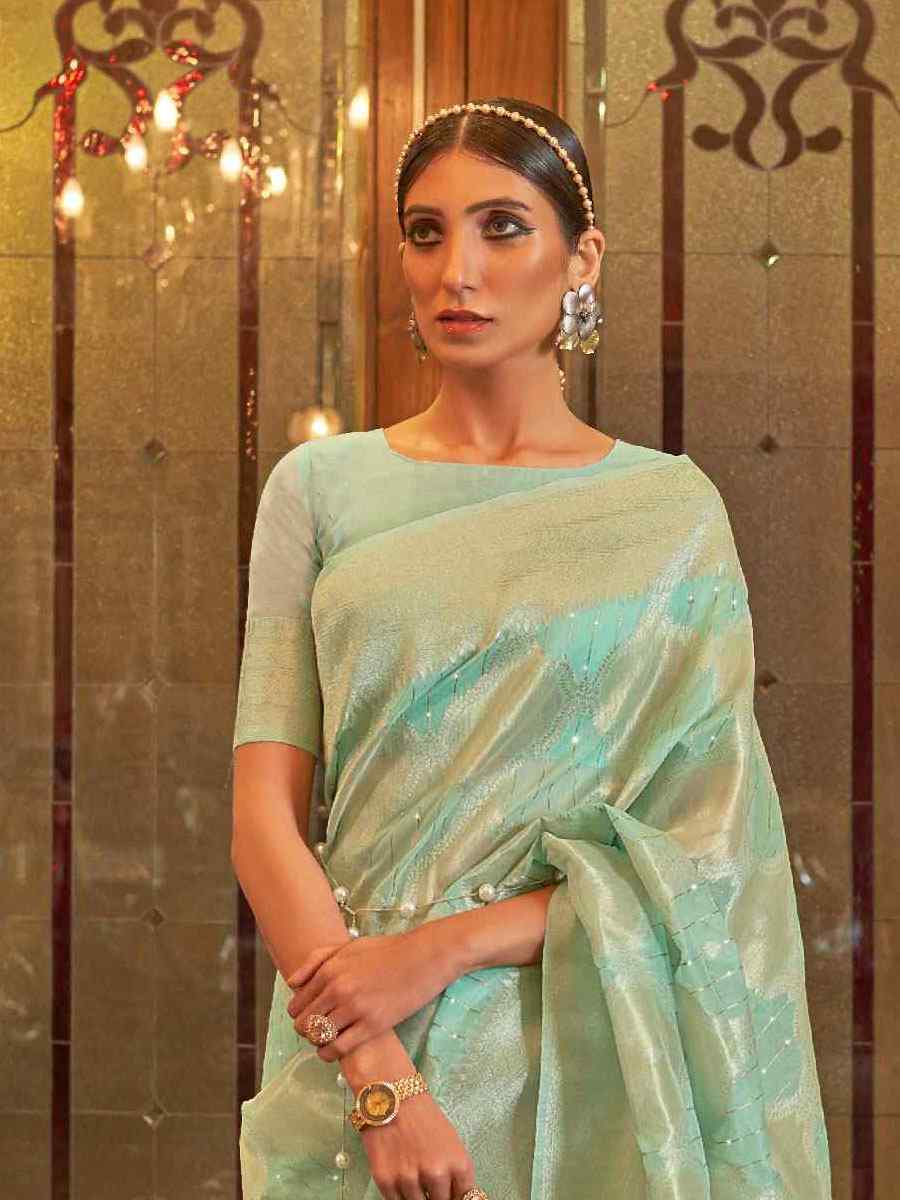 Sea Green Silk Brocade Wedding Party Contemporary Saree