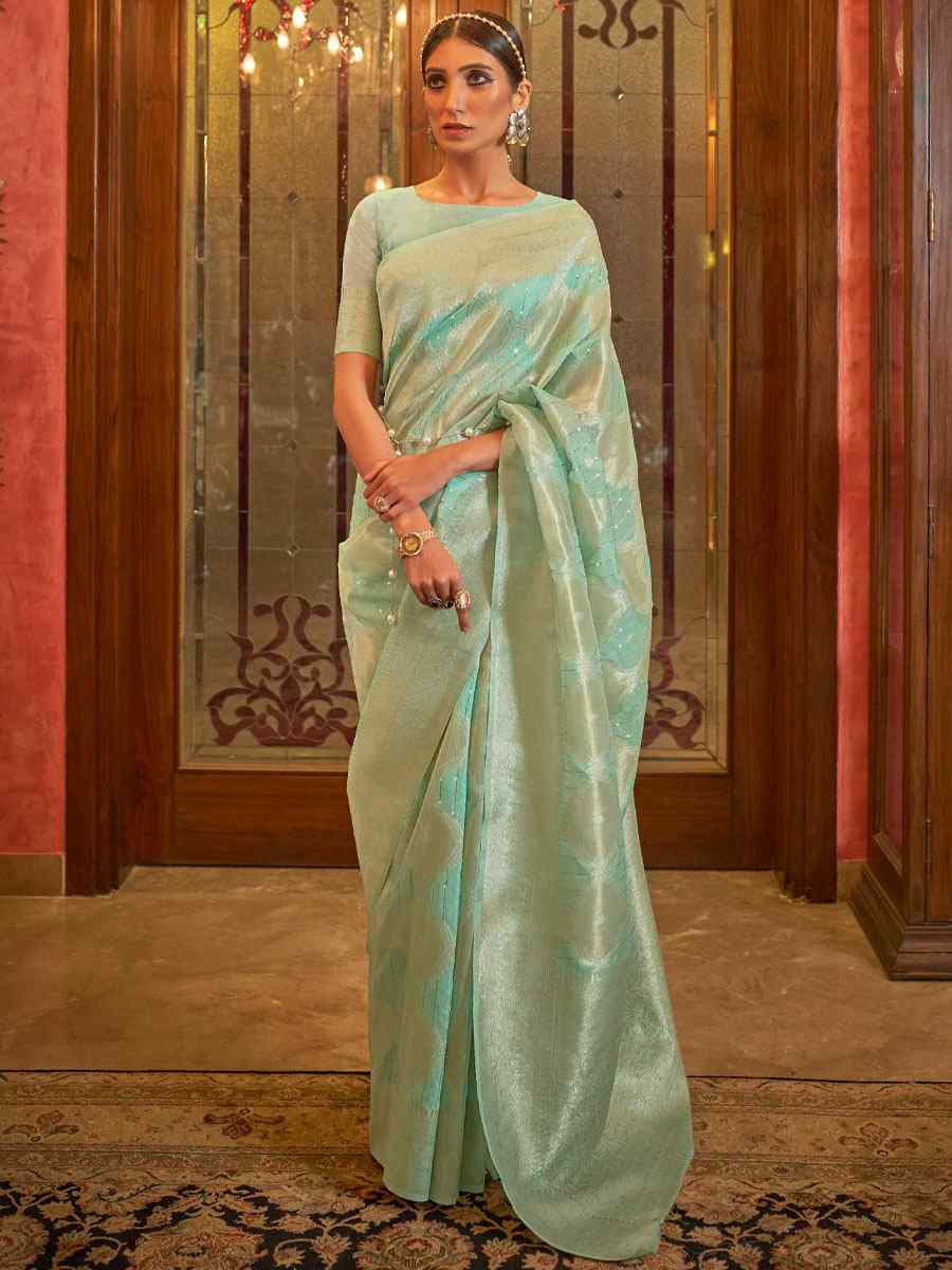 Sea Green Silk Brocade Wedding Party Contemporary Saree