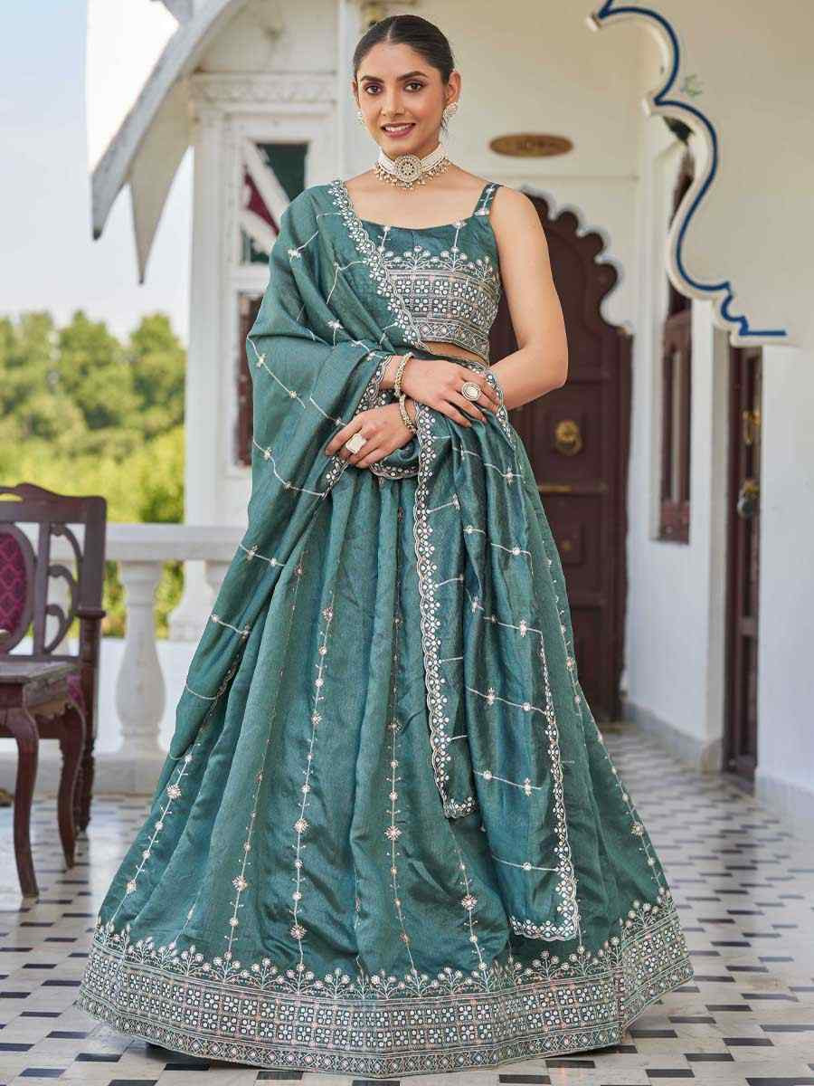 Sea Green Silk Embroidered Bridesmaid Wedding Heavy Border Lehenga Choli