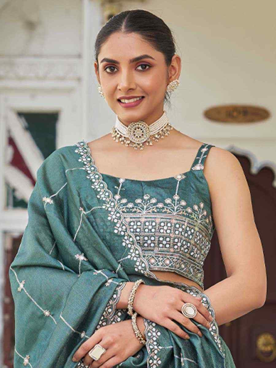 Sea Green Silk Embroidered Bridesmaid Wedding Heavy Border Lehenga Choli