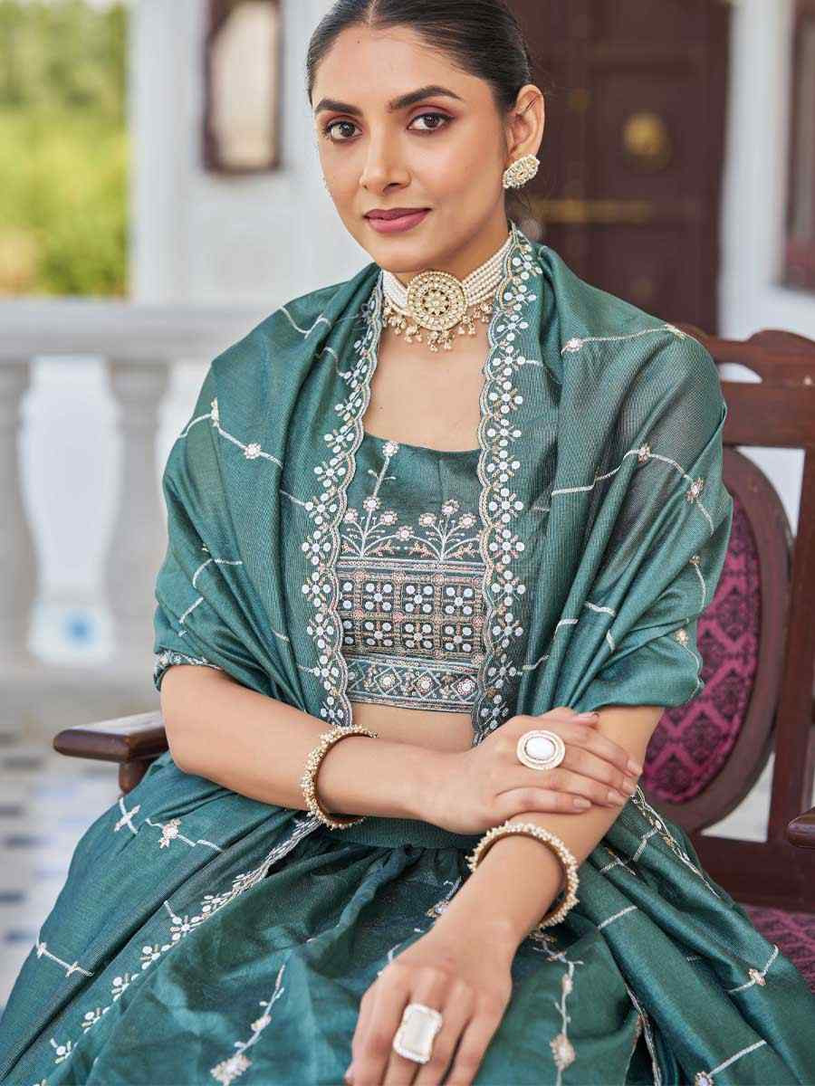 Sea Green Silk Embroidered Bridesmaid Wedding Heavy Border Lehenga Choli