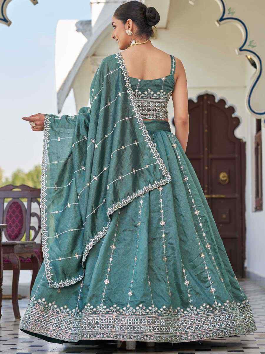 Sea Green Silk Embroidered Bridesmaid Wedding Heavy Border Lehenga Choli