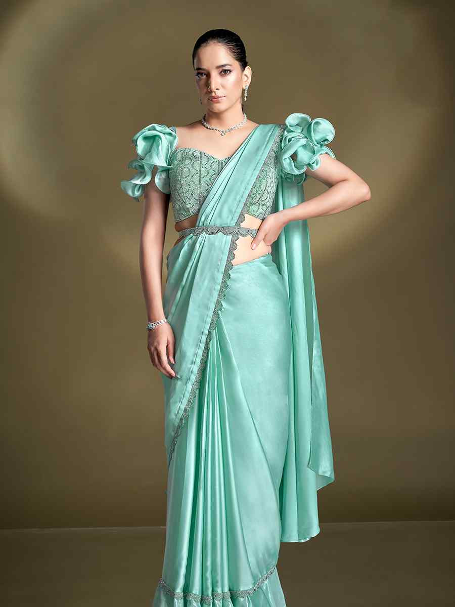 Sea Green Silk Embroidered Festival Wedding Fancy Heavy Border Saree