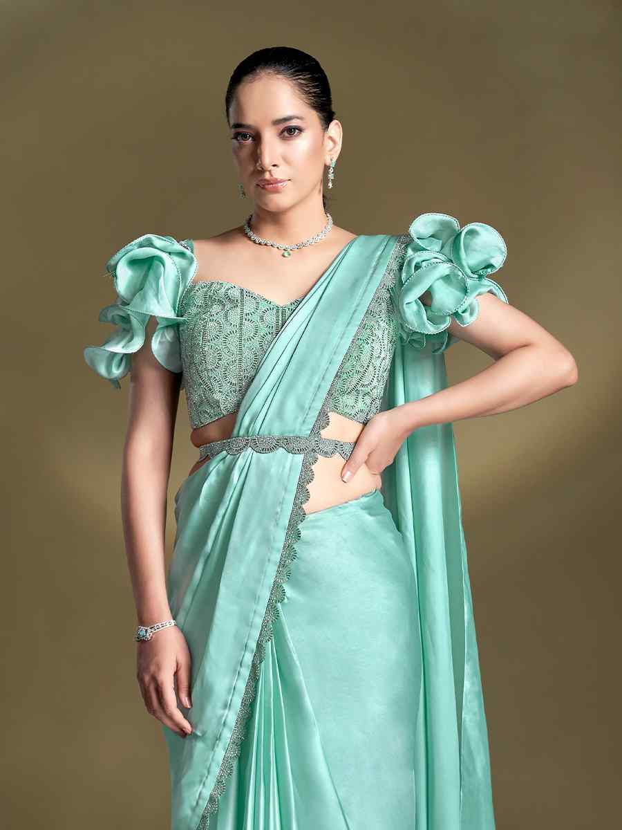 Sea Green Silk Embroidered Festival Wedding Fancy Heavy Border Saree